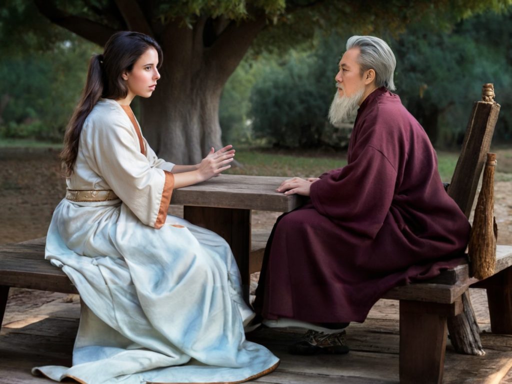 Queen DiLaylita talking to Laozi, founder of Taoism